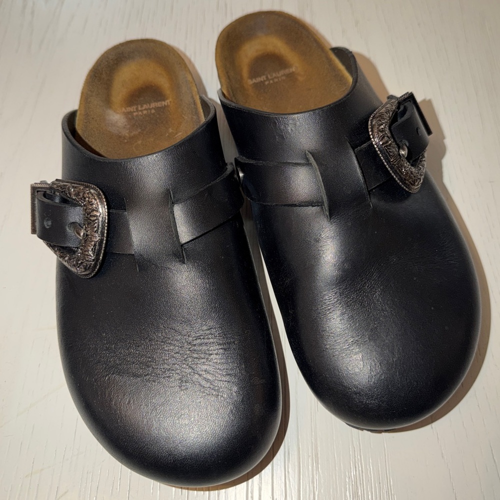 Saint Laurent Jimmy Buckled Leather Clogs Black | Made in Italy